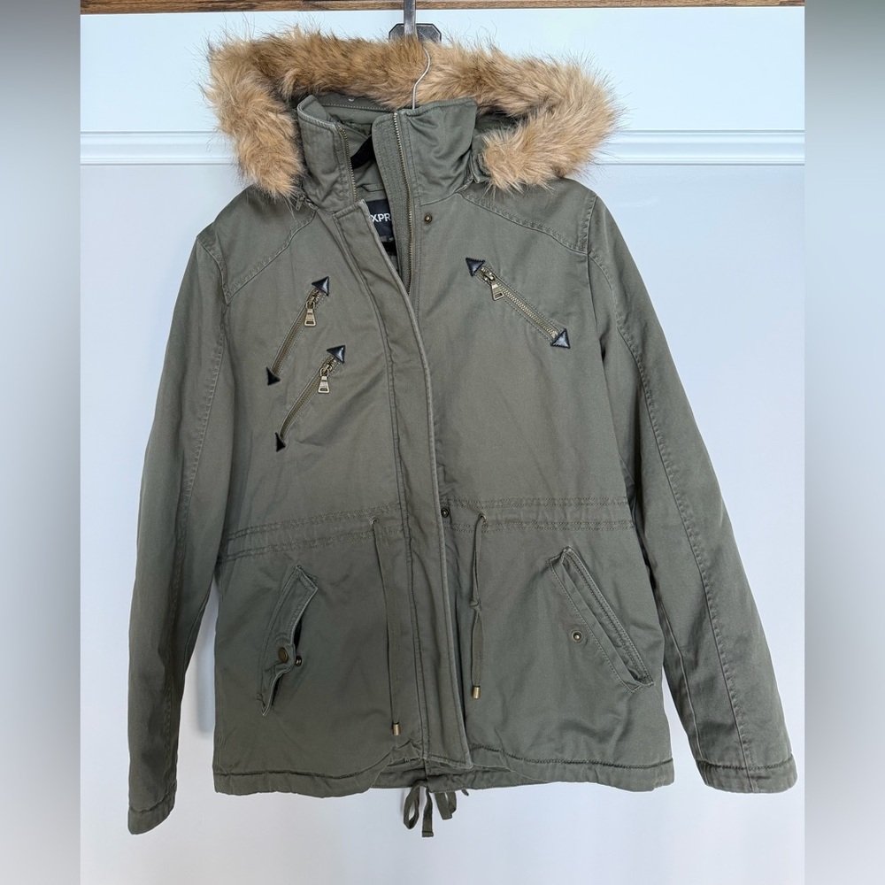 Express Olive Green Parka with Faux Fur size Large